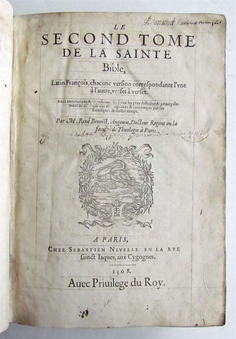 1568 BIBLE in FRENCH & LATIN antique BIBLIA GALLICA by Rene Benoist 16th CENTURY: Le Second Tome de la Sainte Bible, latin francois chacune version... par Rene Benoist (vol. 2 of 2). 2 parts in 1 vol. Paris, Nivelle ; 1568 Size 7 by 10" Leather bound, spine repaired. Parallel text