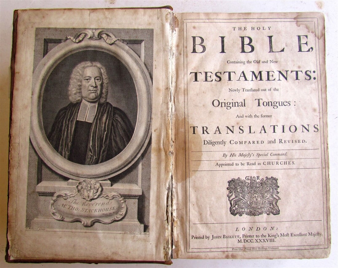 1738 BIBLE in ENGLISH by John Baskett ANTIQUE FOLIO ILLUSTRATED w/ MAPS: THE HOLY BIBLE CONTAINING THE OLD AND NEW TESTAMENTS : Newly translated out of the original Tongues, and with the former translations diligently compared and revised. London, printed by John Baskett ;