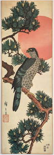 Ando Hiroshige (Utagawa): Falcon, Pine, and Sun: Title: Falcon, Pine, and Sun Artist: Ando Hiroshige (Utagawa) Printing Date: 1852 Medium: Japanese woodblock print Size/Format: Vertical diptych: 28 x 9.25 inches. Publisher: Sanoya Kihei (Kikakudo) A