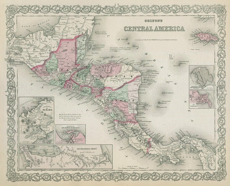 Colton's Central America. Decorative antique map. Honduras Guatemala 1869: Title: Colton's Central America. Decorative antique map. Honduras Guatemala 1869 Description: Colton's Central America' by Joseph Hutchins Colton (1869). Antique engraved hand coloured atlas map, 33.5