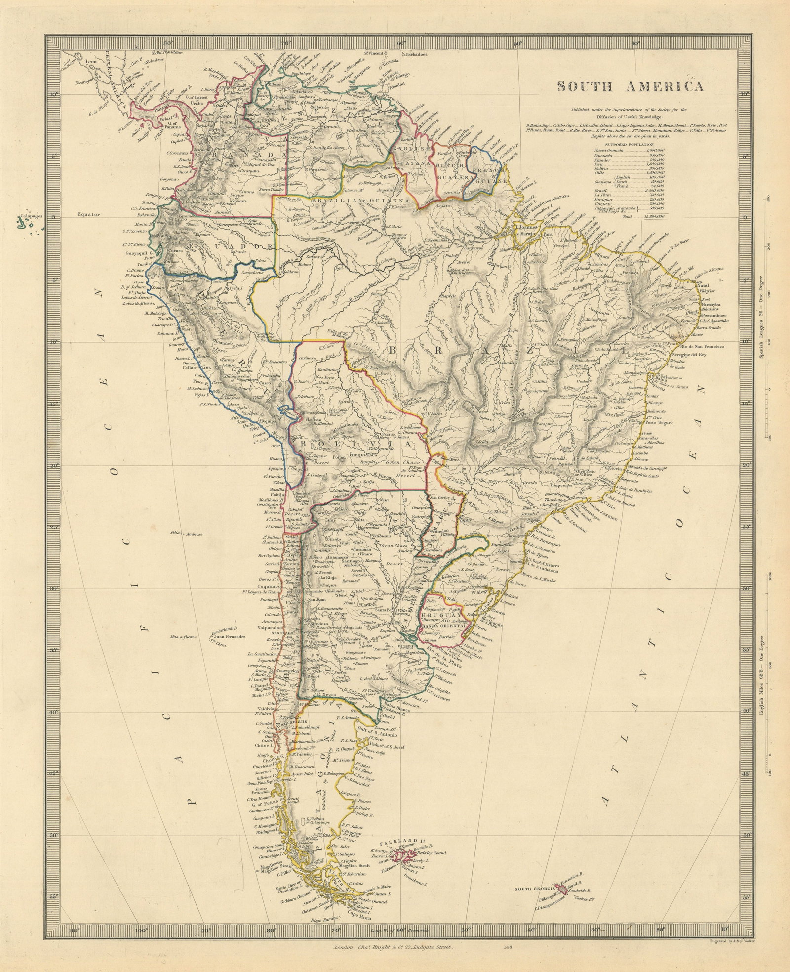 SOUTH AMERICA. Brazil Peru Bolivia w/Litoral Patagonia La Plata. SDUK 1851 map: Title: SOUTH AMERICA. Brazil Peru Bolivia w/Litoral Patagonia La Plata. SDUK 1851 map Description: SOUTH AMERICA' by Engraved by J & C Walker (1851). Antique steel engraved map with original outline h