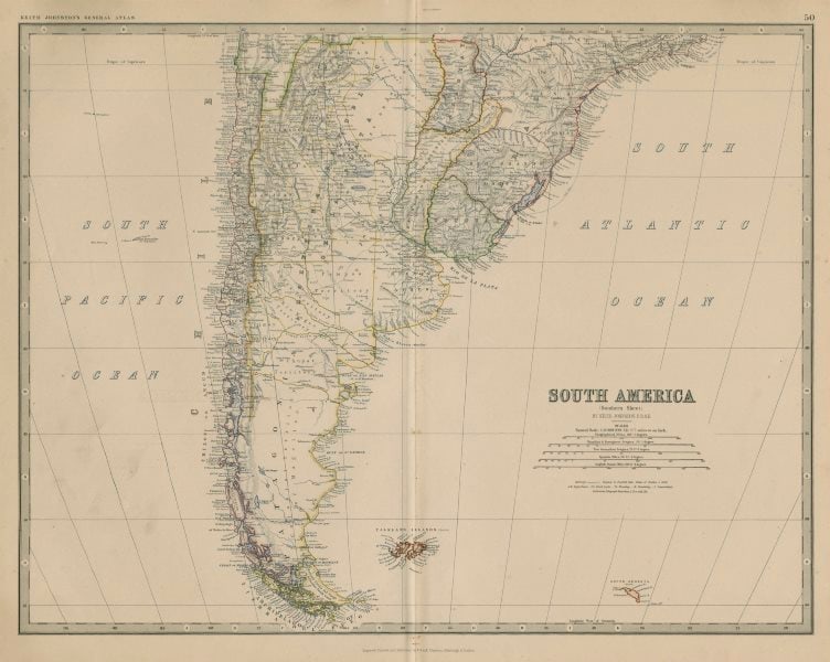 South America (South). Argentina Chile Uruguay. 50x60cm. JOHNSTON 1879 old map: Title: South America (South). Argentina Chile Uruguay. 50x60cm. JOHNSTON 1879 old map Description: South America (Southern Sheet)' by Alexander Keith Johnston (1879). Large, folio antique nineteenth c