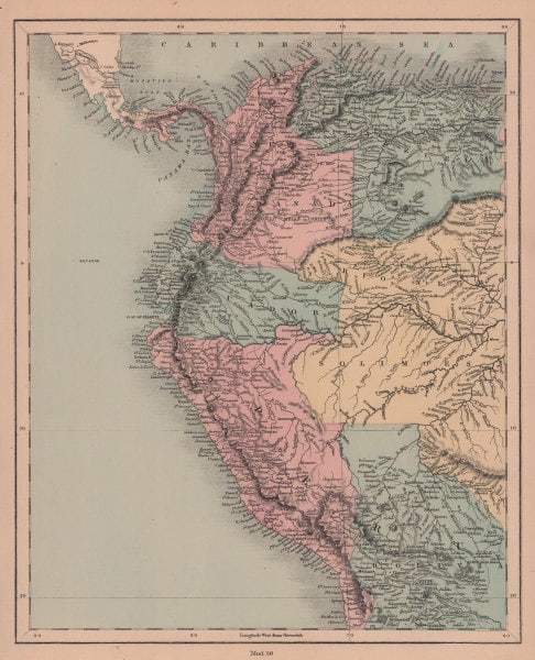 South America north west. Peru Bolivia Ecuador Columbia. HUGHES 1876 old map: Title: South America north west. Peru Bolivia Ecuador Columbia. HUGHES 1876 old map Description: [South America north west] by William Hughes (1876). Antique hand coloured engraved map, 30.0 x 24.5cm,
