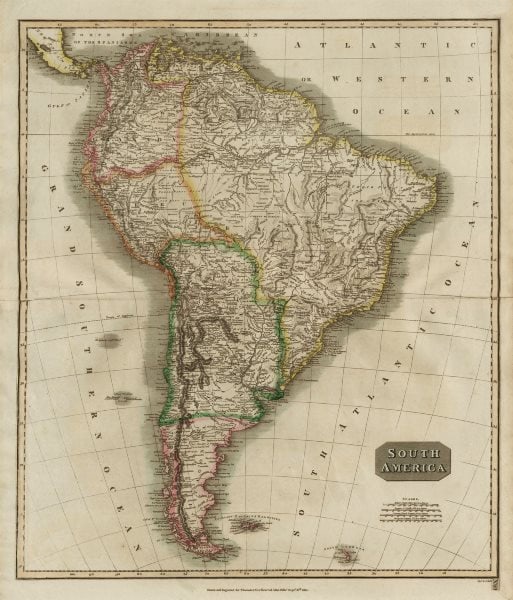 South America. New Granada & Peru Viceroyalties. Tucuman. THOMSON 1817 map: Title: "South America". New Granada & Peru Viceroyalties. Tucuman. THOMSON 1817 map Description: South America' by Drawn & engraved by John Moffat for John Thomson's "New General Atlas" (Published in