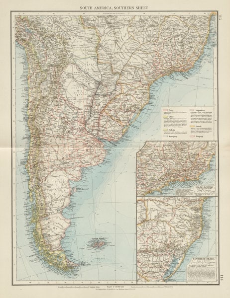 South America, Southern. Argentina Chile Uruguay Brazil Paraguay. TIMES 1900 map: Title: South America, Southern. Argentina Chile Uruguay Brazil Paraguay. TIMES 1900 map Description: South America, Southern sheet' by The Times (1900). Antique colour atlas map, 54.0 x 41.5cm, 21.25 