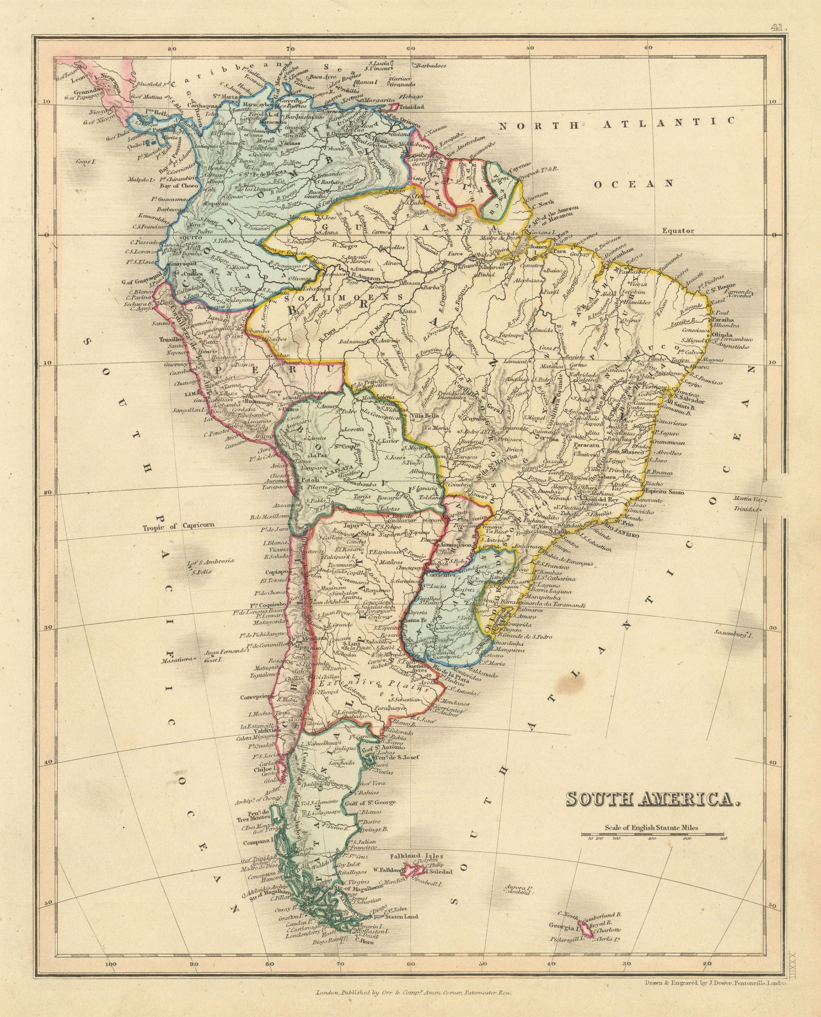 South America by John Dower. Gran Colombia. La Plata. Brazil 1845 old map (1 of 1)