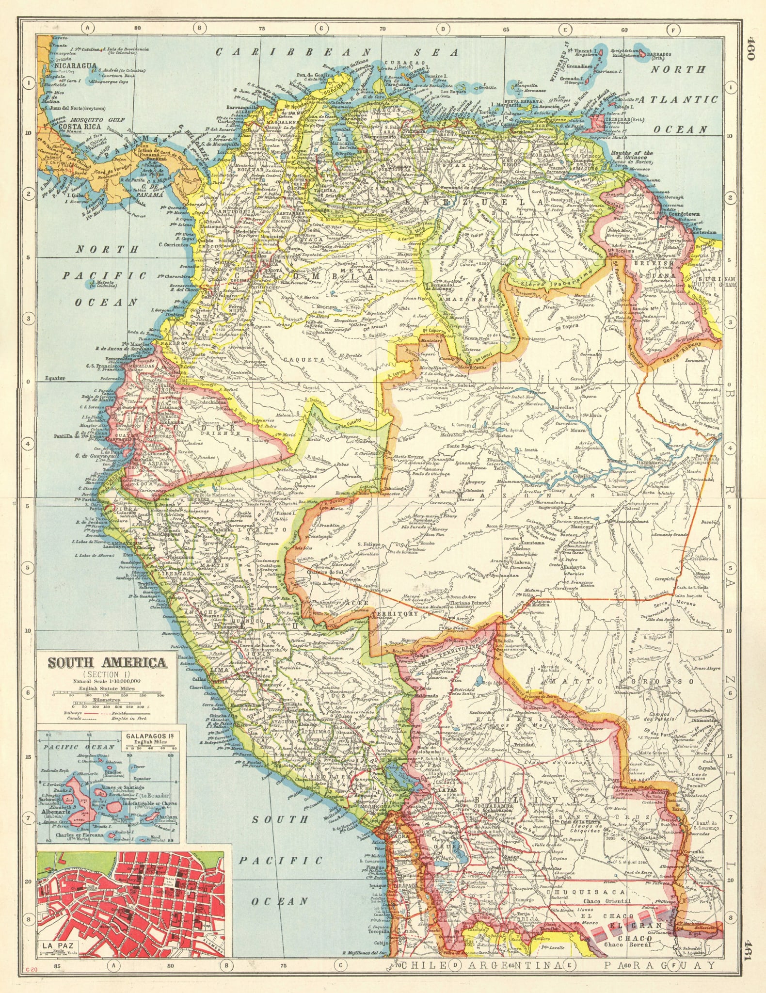 ANDEAN STATES. Colombia Venezuela Ecuador Peru Bolivia. La Paz plan 1920 map: Title: ANDEAN STATES. Colombia Venezuela Ecuador Peru Bolivia. La Paz plan 1920 map Description: South America ( Section I ); Inset map of Galapagos ls.; La Paz' by Harmsworth (1920). Vintage colour m
