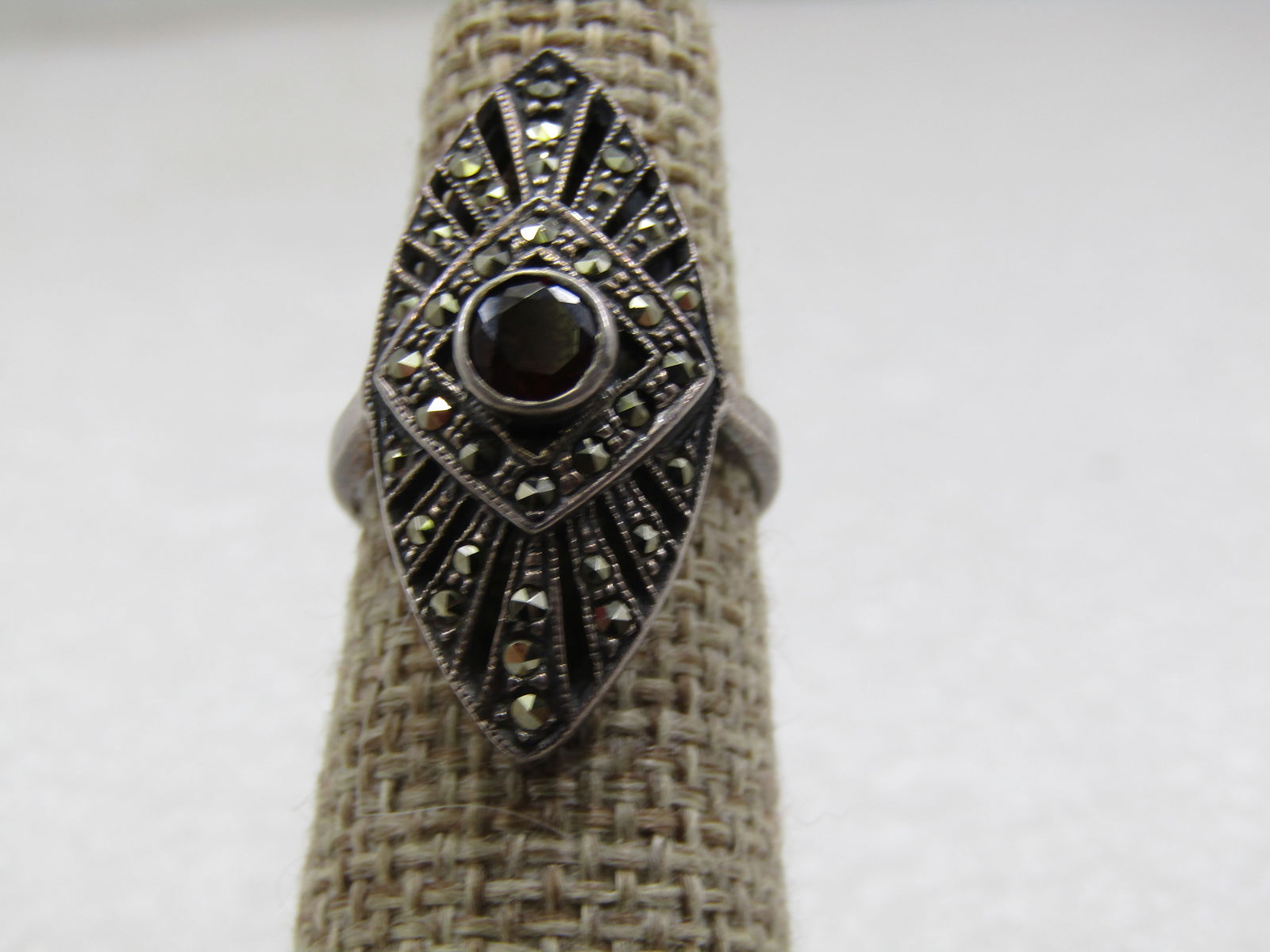 Vintage Sterling Garnet Marcasite Pointed Ring, Sz. 6, Signed (1 of 7)