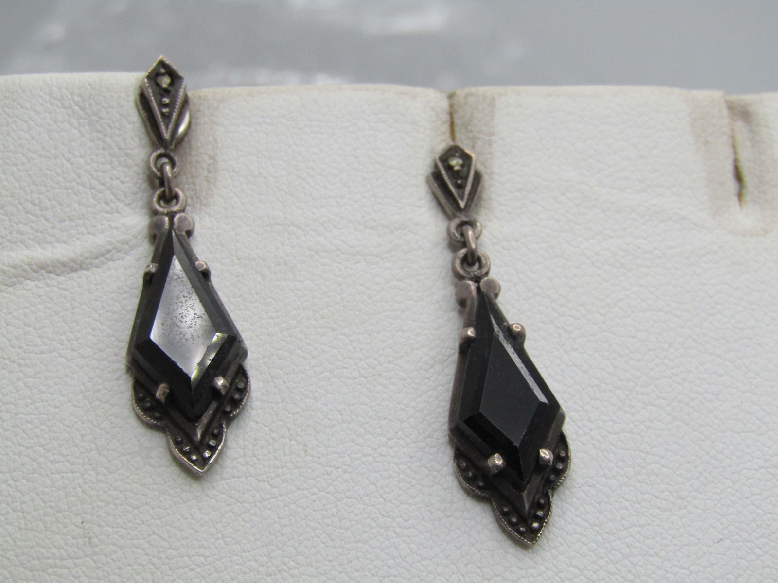 Vintage Sterling Onyx Marcasite Earrings, Pierced, Stud/Dangle, 1980's (1 of 4)