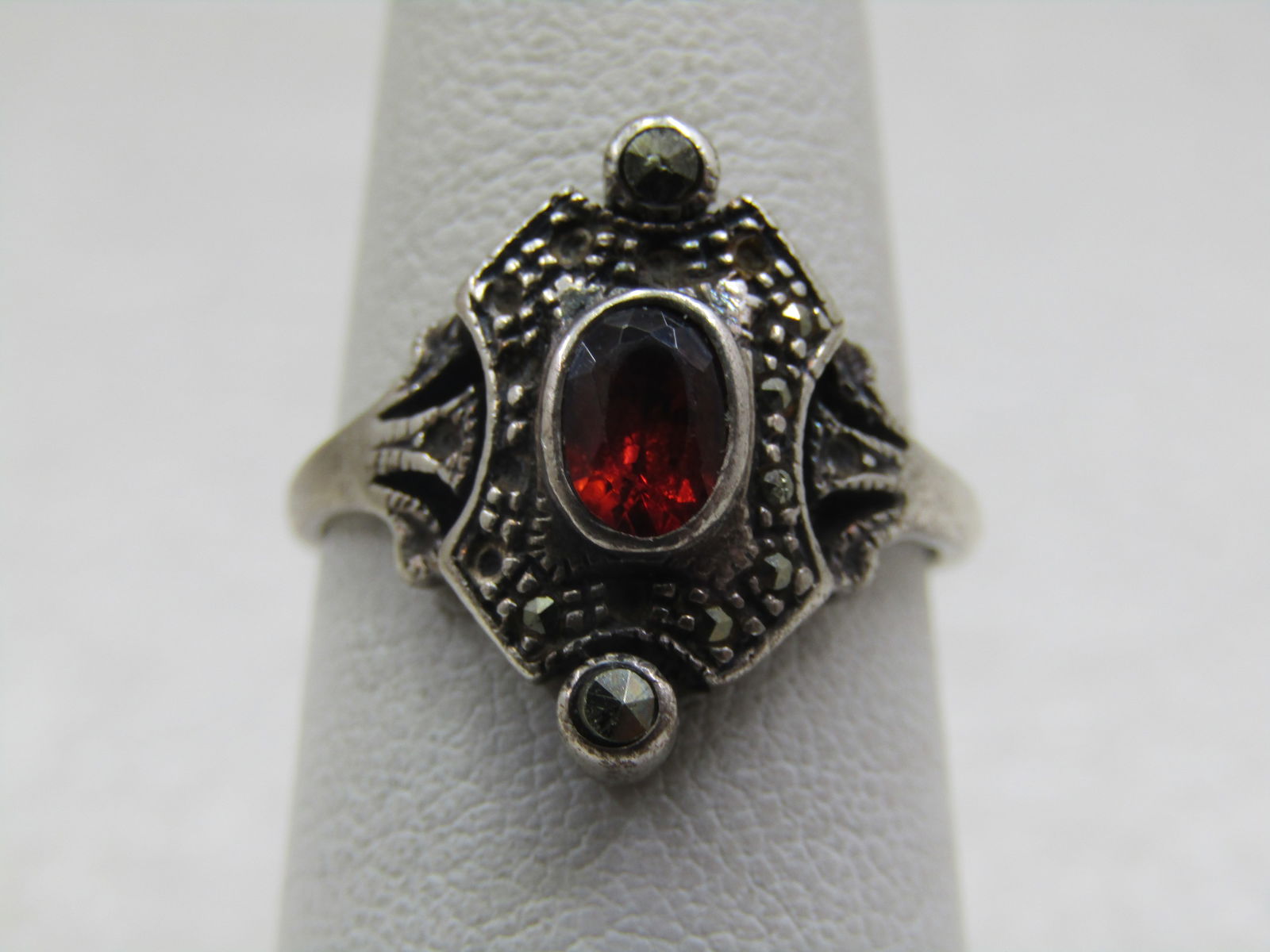 Vintage Sterling Garnet Marcasite Ring, Sz. 7.25, 1980's-1990's, Gothic (1 of 7)