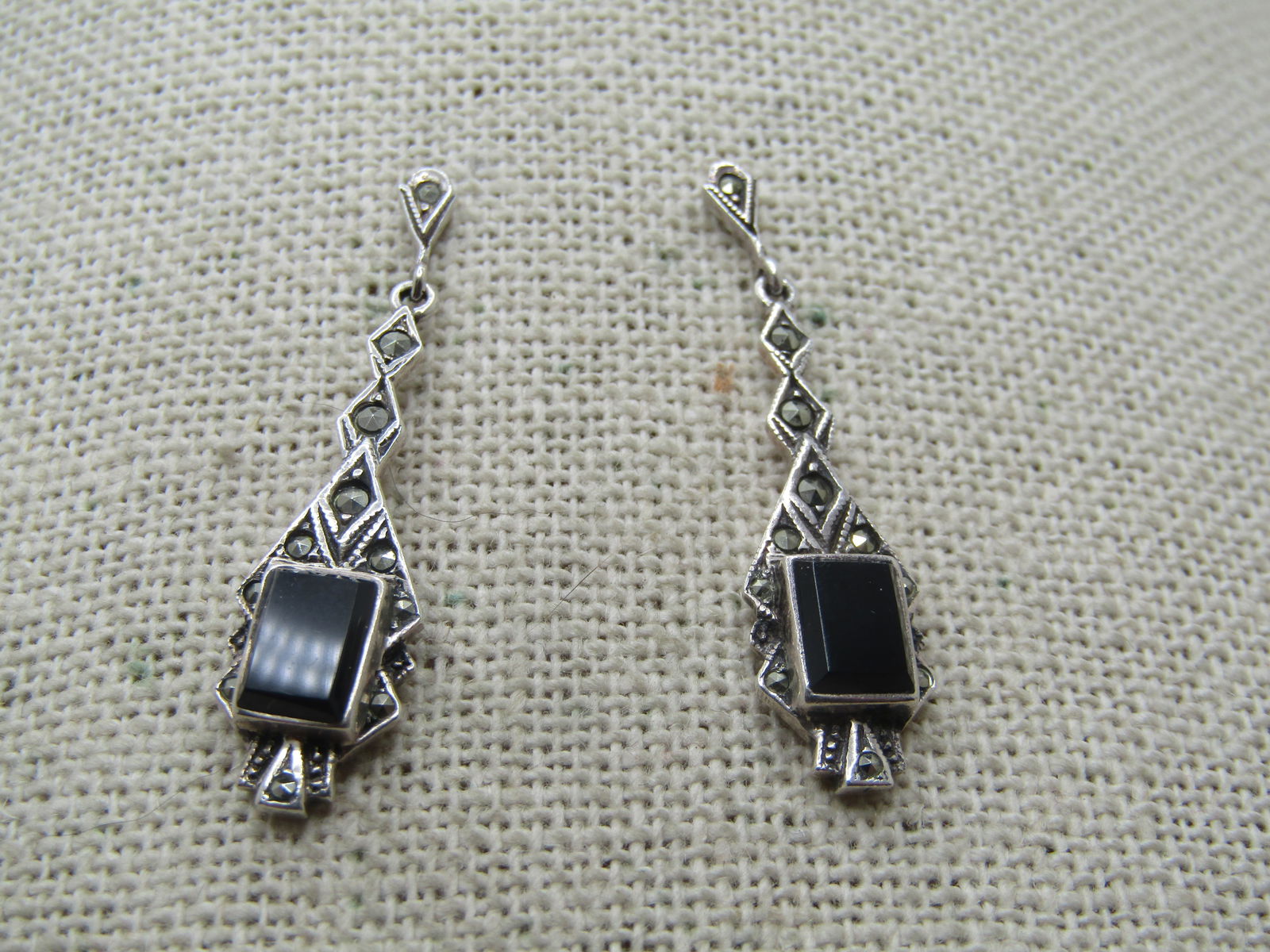 Vintage Sterling Onyx Marcasite Earrings, Stud/Dangle/Pierced, Signed (1 of 6)