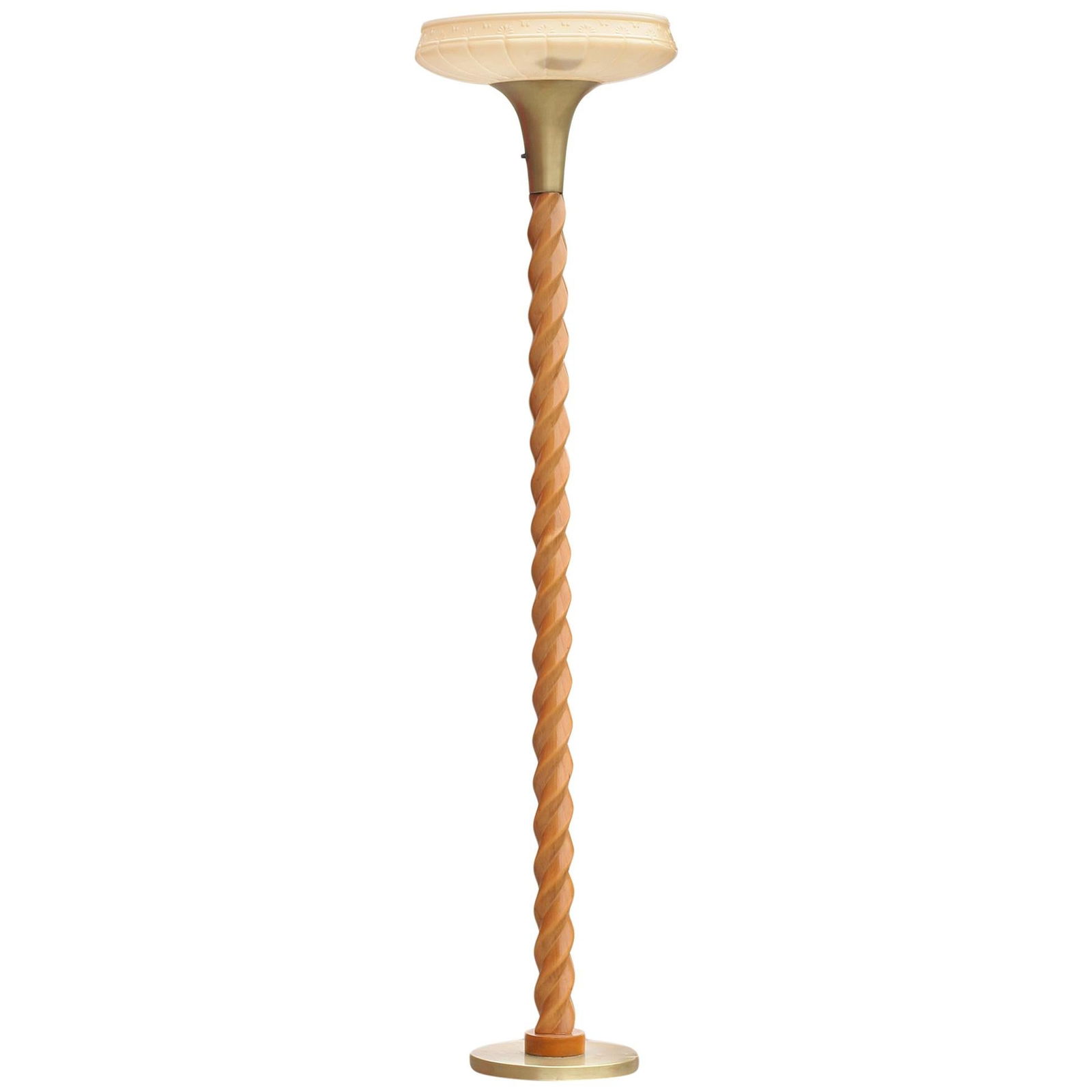 Carved Oak Floor Lamp or Torchiere Attributed to Russel Wright: Carved Oak Floor Lamp or Torchiere Attributed to Russel Wright This floor lamp or torchiere attributed to Russel Wright features a carved oak base, a brass base and neck, and a removable glass shade.