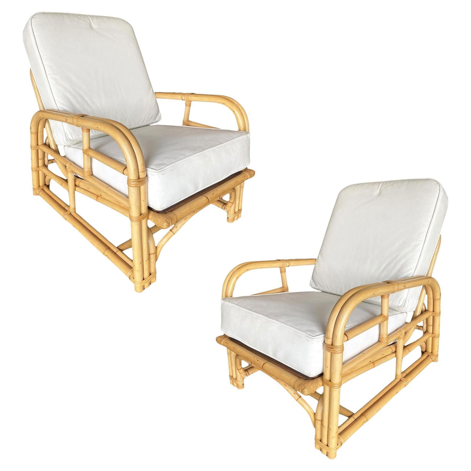 Restored Paul Lazslo Rattan Two Strand "Staple Arm" Lounge Chair, Pair: Restored Paul Lazslo Rattan Two Strand "Staple Arm" Lounge Chair, Pair Restored original 1948 Paul Laszlo two-strand "Staple Arm" lounge chair, featuring two-strand staple-shaped arms and arched base