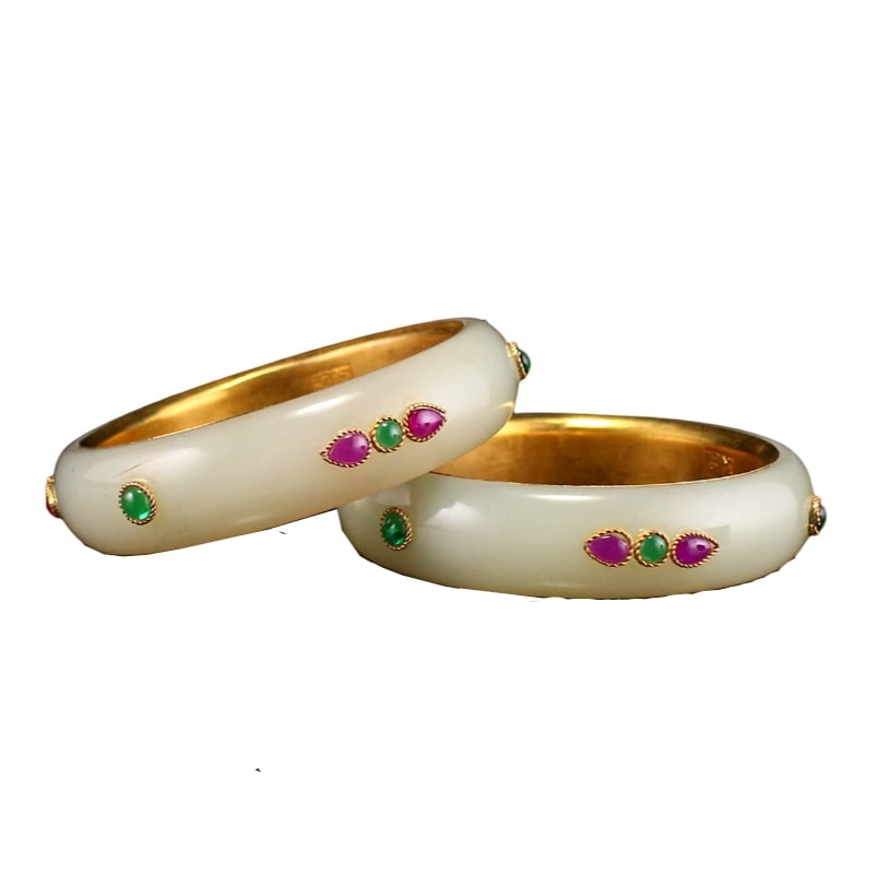 A Pair Chinese Jade Bracelet Inlay Gems With Silver Gilt Gold Ornament (1 of 6)