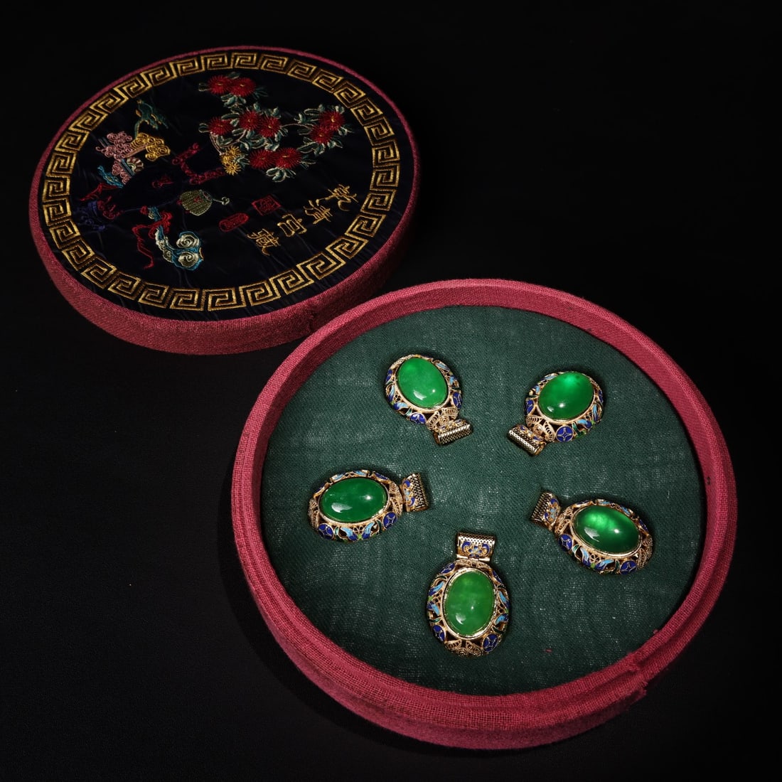 Five Chinese Silver Inlay Enamel & Green Jade Pendant w Box (1 of 9)