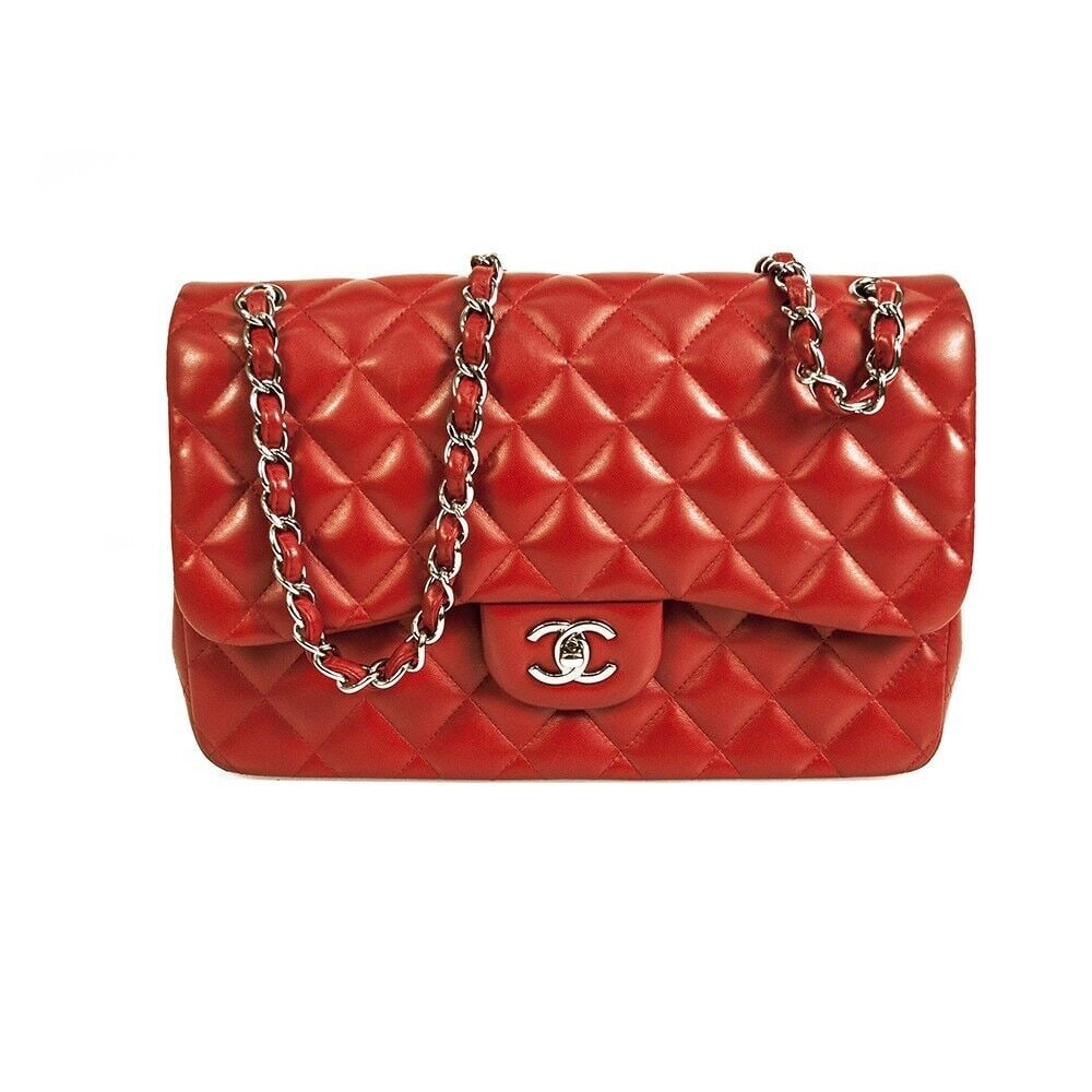 CHANEL Red lambskin Leather Classic Double Flap Jumbo Bag Silver hardware (1 of 10)