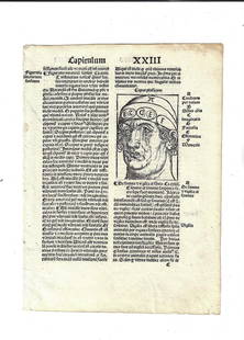 1498 Incunabula Leaf Durer Woodcut: A leaf from "Trilogium Animae" by Ludovicus Pruthenus, printed at Nuremburg by Anton Koberger, 1498. Features a woodcut of Albrecht Durer "Caput Phisicum". Double columned in Latin. Light mounting tra