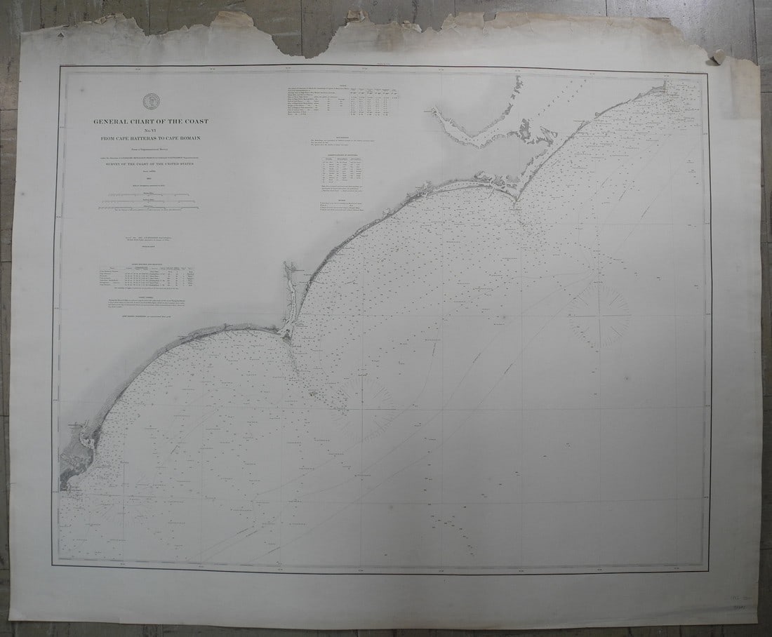 General chart of the coast No. VI from Cape Hatteras to Cape Romain: Publication Date: 1882 Title: General chart of the coast No. VI from Cape Hatteras to Cape Romain Cartographer: Publisher: U.S. Coast and Geodetic Survey Height: 29 Width: 38 From a Trigonometric surv