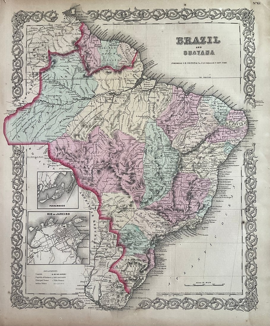 Map of 1859 Brazil and Guyana’s by Colton: Title: Map of 1859 Brazil and Guyana’s by Colton1859 Materials: Hand colored steering engraved Size: 17 1/2 x 14 1/2” Brazil & Guyana’s. 1859. By J. H. Colton & G. W. Colton. From ‘Gen