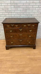 Antique English Queen Anne Burl-Walnut Chest of Drawers: Vintage from the 18th century Materials: wood, metal, brass, walnut, burl walnut Width: 40 inches Height: 36 inches Depth: 22.5 inches Description Antique English Queen Anne Burl-Walnut Chest of Drawe