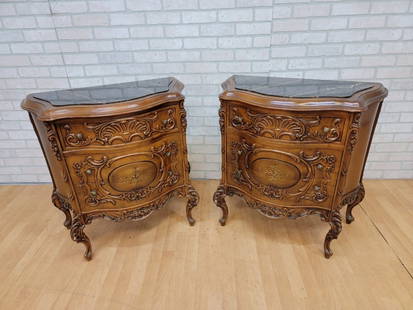 Antique French Hand Carved Ornate Inlaid Marble Top 3 Drawer Side Chests - Pair: Vintage from the 1950s Materials: marble, wood Width: 30 inches Height: 31 inches Depth: 16.5 inches Description Antique French Heavily Carved Ornate Hand Painted Inlaid Marble Top 3 Drawer Side Chest