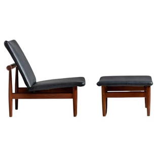 Finn Juhl Danish Mid-Century Modern Japan Lounge Chair and Ottoman, Daverkosen: Title: Finn Juhl Danish Mid-Century Modern Japan Lounge Chair and Ottoman, Daverkosen Description: Finn Juhl Danish Mid-Century Modern Japan Lounge Chair and Ottoman, France & Daverkosen, Black Leathe