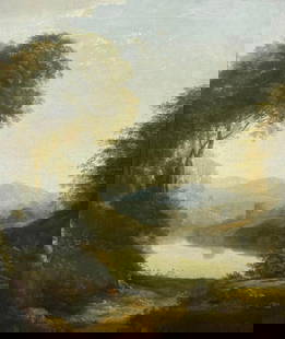 Fine 1800''s Original Oil Painting Figure in Arcadian Landscape Golden Light c. 1800''s: Title: Fine 1800''s Original Oil Painting Figure in Arcadian Landscape Golden Light c. 1800''s Description: The Golden Hour by William Traies (British 1789-1872) oil painting on canvas, framed framed