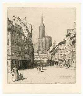 Herman Armour Webster original etching "La place de l'hopital a Strasbourg": Medium: original etching. This impression on laid paper was printed in 1920 and published in Paris by Gazette des Beaux-Arts. Plate size: 6 3/8 x 5 3/4 inches (163 x 147 mm). Signed in the plate (not