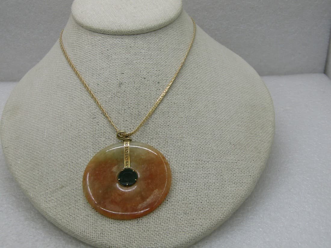 Vintage 14kt Orange/Green Jade Necklace, 20", 1.75" Pendant LMV (1 of 1)
