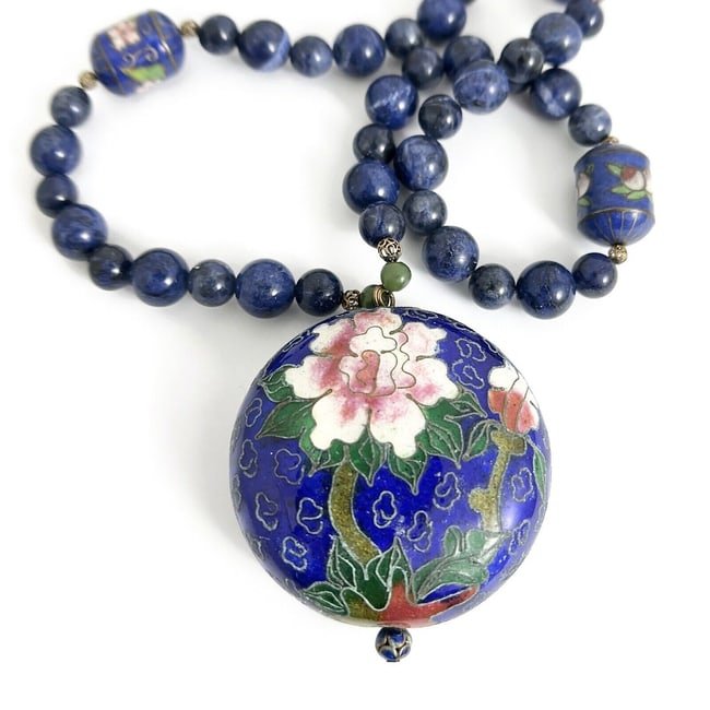 Vintage 1960's Blue Sodalite Bead Flower CloisonnÃ© Pendant Necklace, 104.77 Gr (1 of 1)
