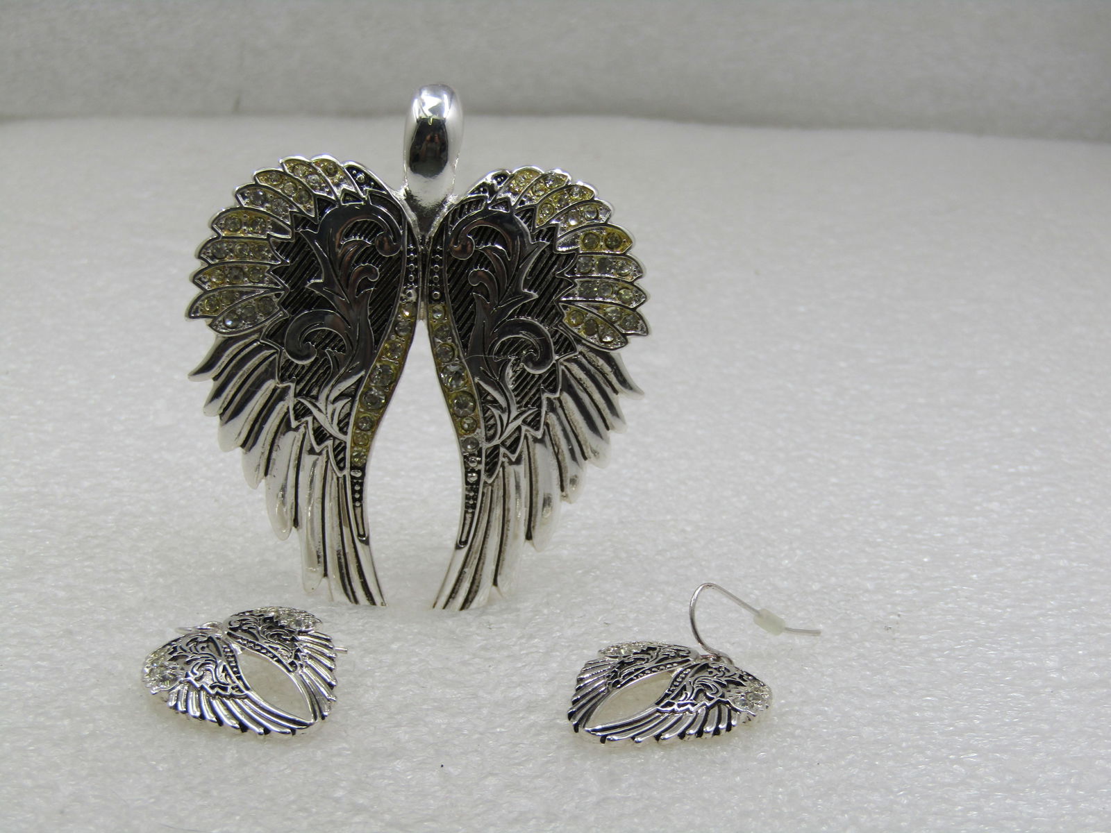 Large Angel Wing Pendant and Pierced Earrings, Rhinestons, 3" (1 of 6)