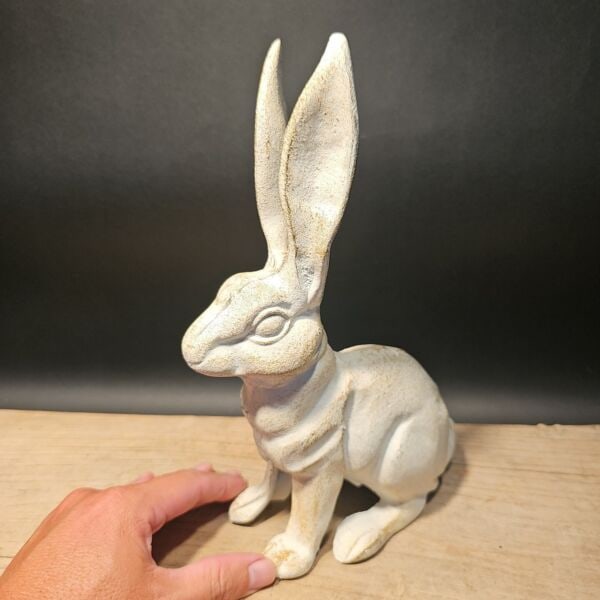 Cast Iron Garden Table Door Stop Rabbit Hare White: 10 1/4" Tall x 6" Long x 3" Wide Nice Reproduction solid cast iron rabbit statue. This rabbit is much thicker, and heavier then other similar ones we have seen. Makes a great accent piece indoor or ou