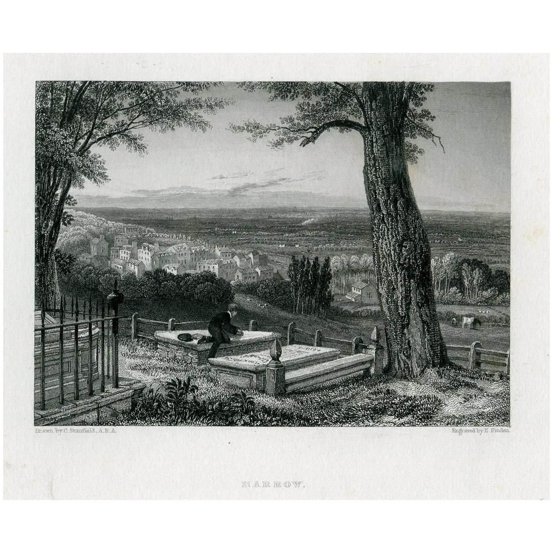 View of Byron's tomb, Harrow on the Hill - antique print (1 of 5)