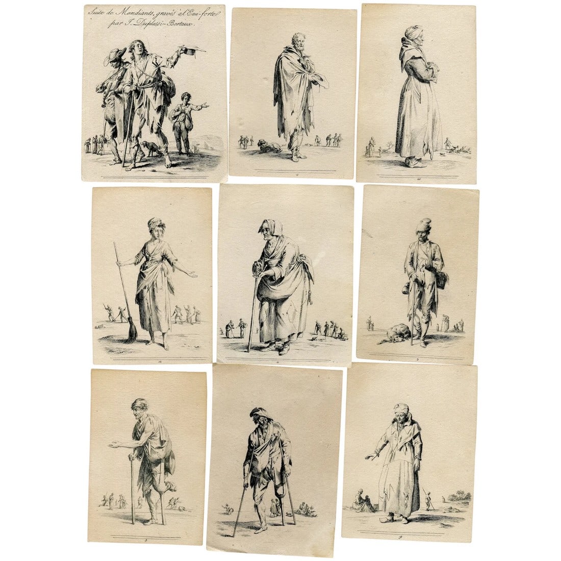 Set of nine beggars in ragged clothing - Jean Duplessis-Bertaux: Set of nine beggars in ragged clothing by Jean Duplessis-Bertaux (Paris, 1750–1818) 1. A group of beggars, one playing the violin, the other walking with the help of a stick holding a hat to collect