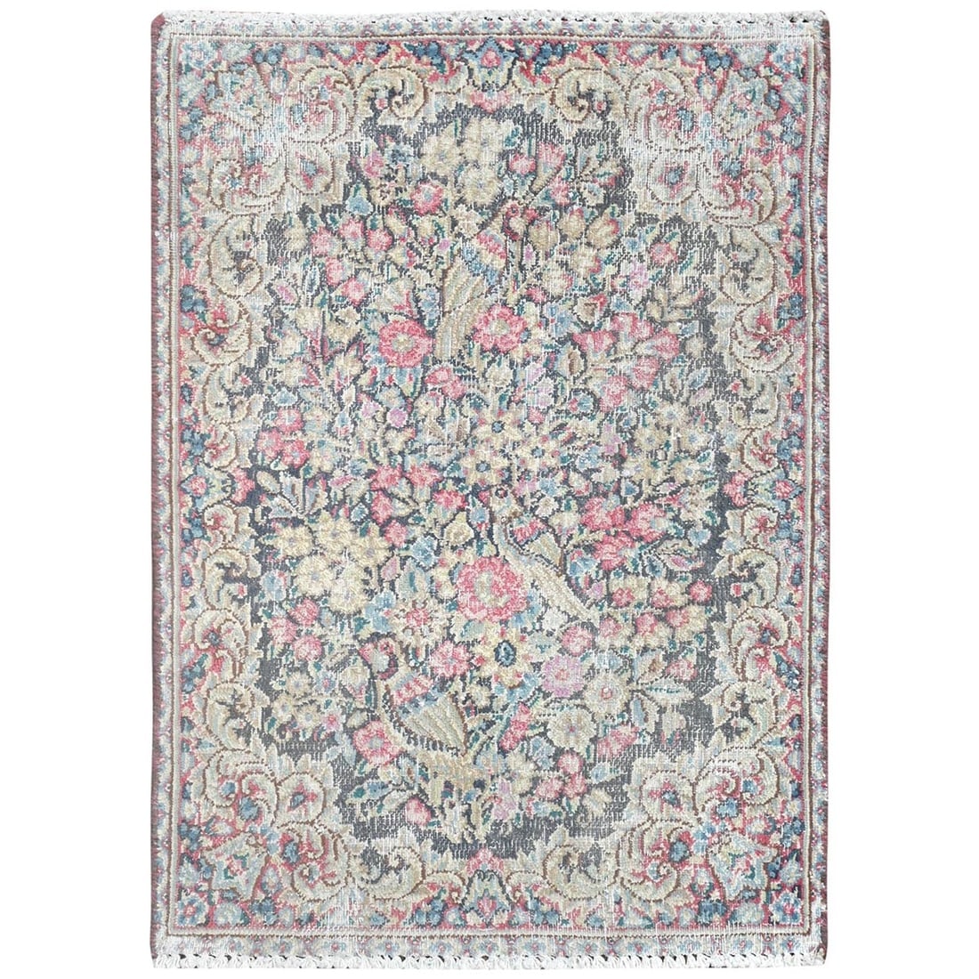 Colorful Distressed Look Worn Wool Hand Knotted Old Persian Kerman Rug (1 of 7)