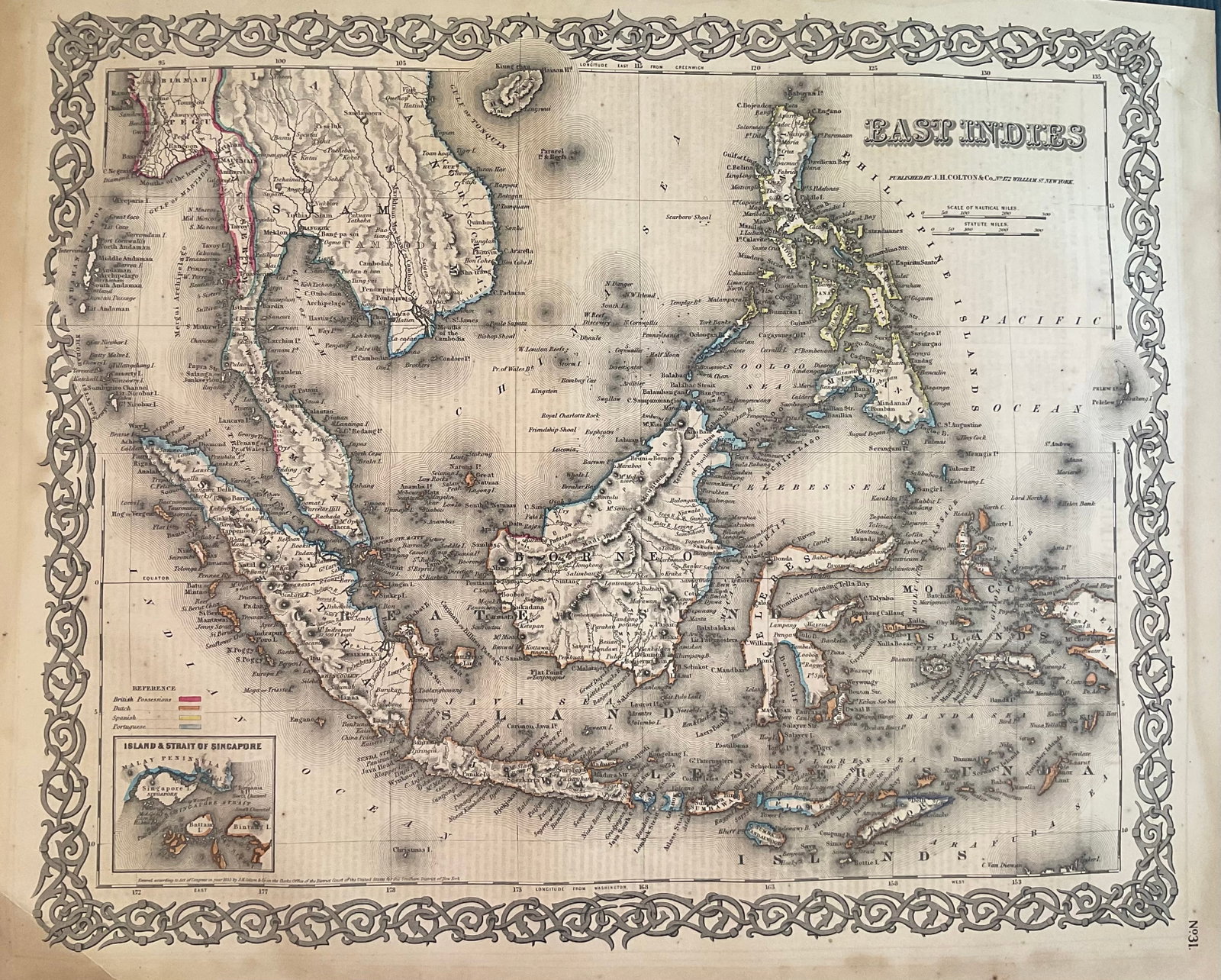 1859. South east Asia. East Indies. By Colton: Title: 1859. South east Asia. East Indies. By Colton Date/Period: 1859 Materials: Hand colored steering engraved Size: 17 1/2 x 14 1/2” Shows, Indonesia, Malaysia, Thailand, Brunei, Vietnam, and