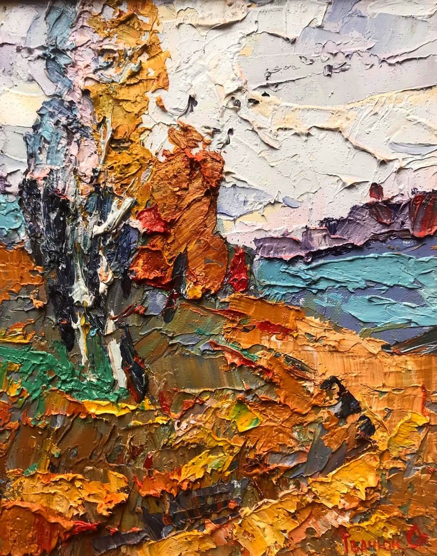 Oil painting Autumn wind Kalenyuk Alex: Description: â„–Kalen 665 *** ABOUT THIS PAINTING *** * TITLE: "Autumn wind" * ARTISTS: Kalenyuk Alex * SIZE: 25x20 cm/'9.84x7.87 inches' * MEDIUM: oil, canvas * HAND PAINTED: Original painting f