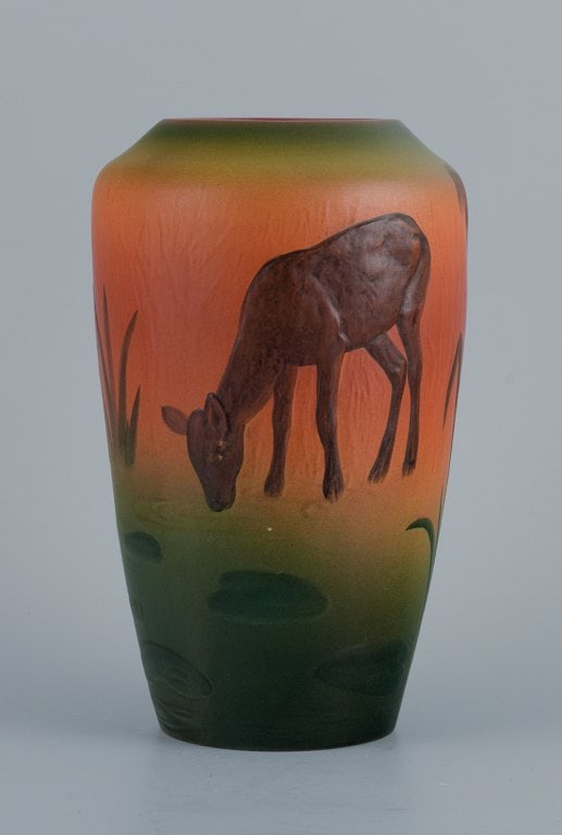 Ipsens, Denmark, vase with deer and duck. Glaze in orange and green tones. (1 of 5)