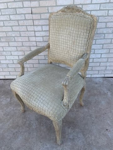Antique Victorian Carved Stucco Finish Aged Wood Chair: Vintage from the 1920s Materials: wood, fabric, chenille Overall width: 25 inches Overall height: 24.5 inches Overall depth: 21.5 inches Seat height: 20 inches Description Antique Victorian Style Hand