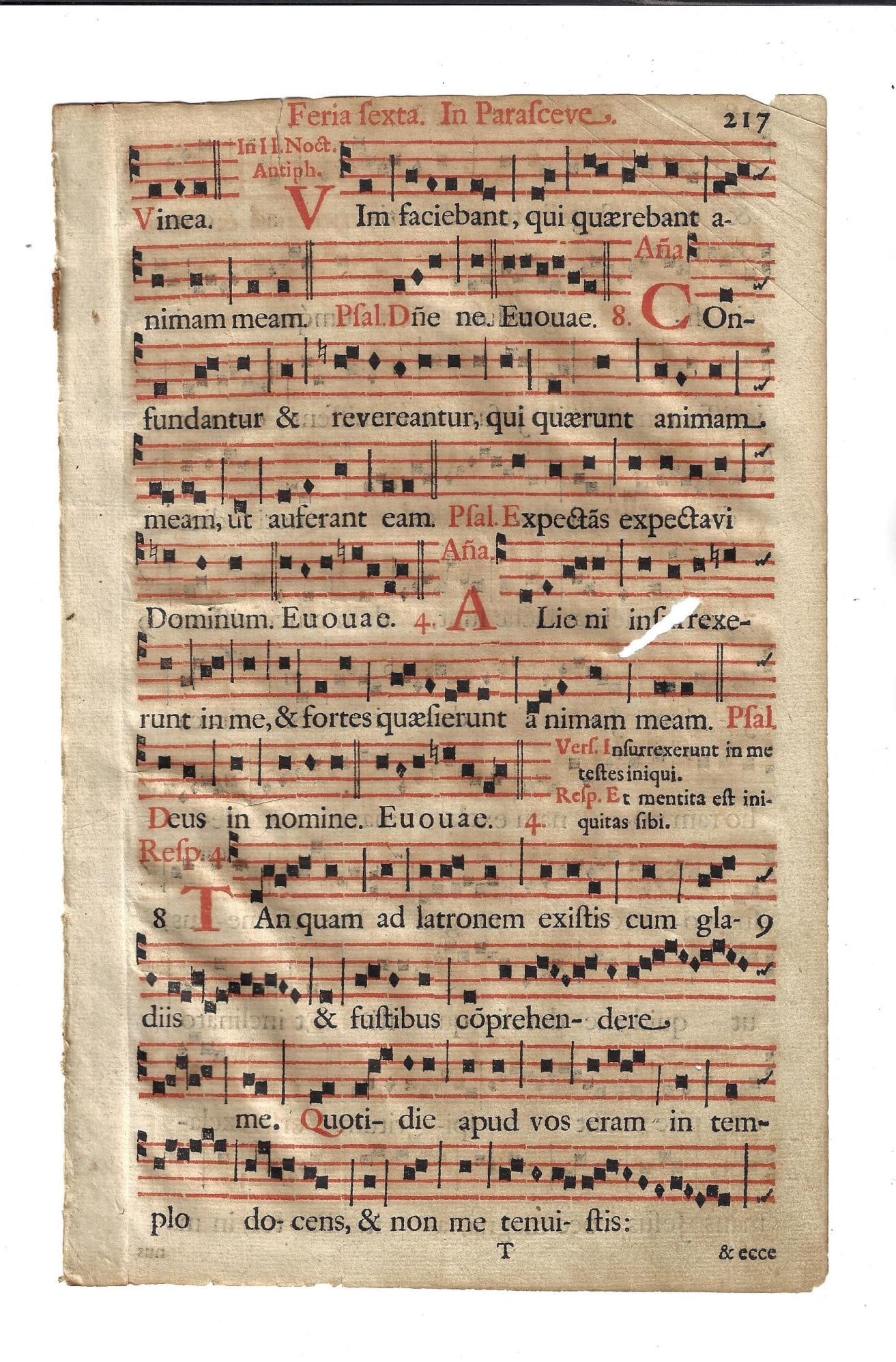 1669 Catholic Hymnal Leaf Red and Black: A leaf in red and black from a Dutch hymnal circa 1669. In Latin with musical notation, Very Good, short area of loss, marginal reinforcement, Measures 7.5 x 11.5". Reserve: $20.00 Shipping: Domestic: