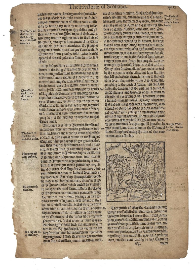 1577 English Leaf Woodcut of Burning at Stake: A leaf from Holinshed "The Hystorie of Scotland" with a woodcut of the burning at the stake of George Wischart, a Learned man, for heresy. Very Good. Measures 7.25 x 10.5". Accompanied by color copy o