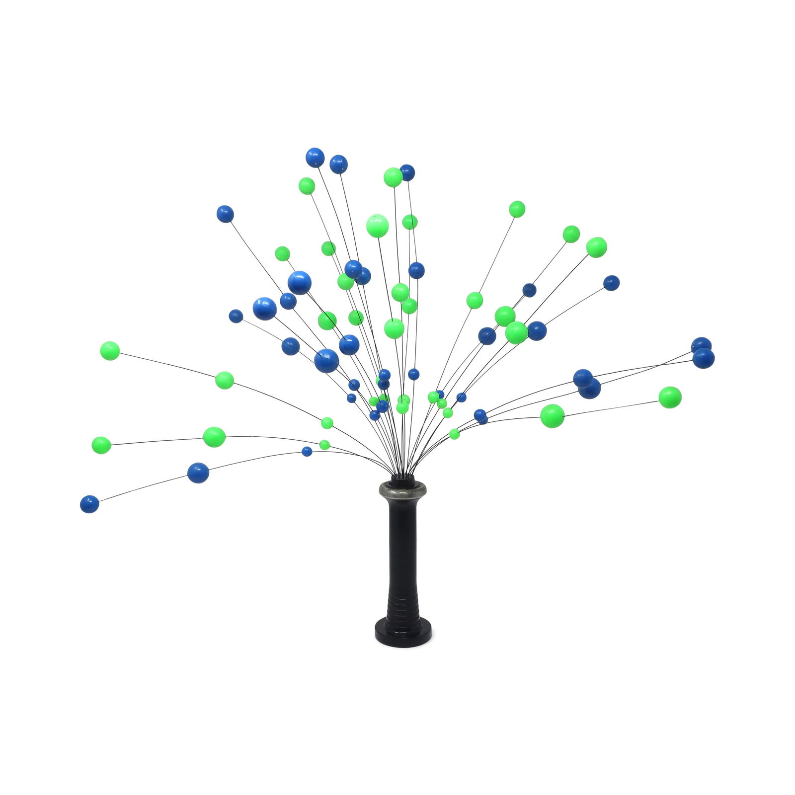 1960s Danish Modern Blue and Green Kinetic Ball Sculpture: A vintage kinetic ball sculpture in the style of Laurids Lonborg, a Danish housewares and decorative objects powerhouse. Black metal base and stem, silver metal wires, and green and blue colored balls