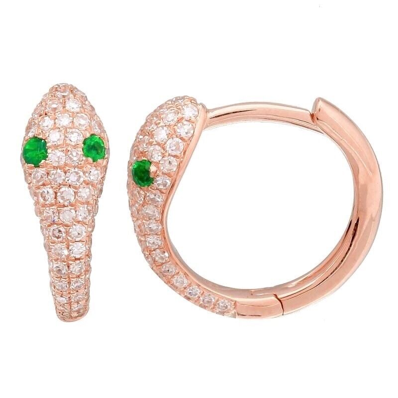 Pave Diamond Emerald Eye Snake Huggie Hoop Earrings 14K Pink Rose Gold .45 CTW (1 of 5)