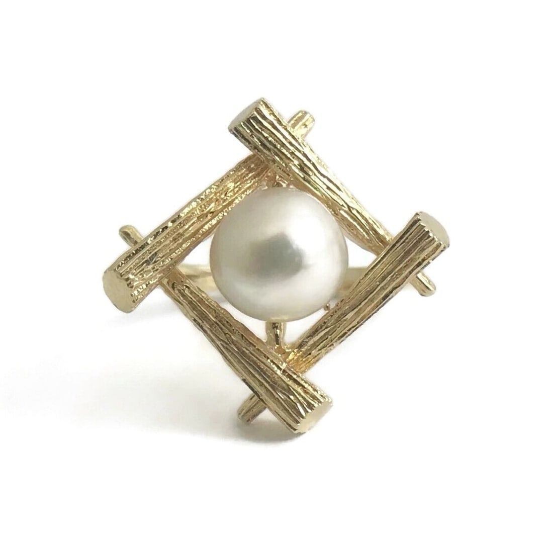 Vintage White Pearl Cross Stick Nest Cocktail Ring in 14K Yellow Gold, 5.5 Grams (1 of 11)