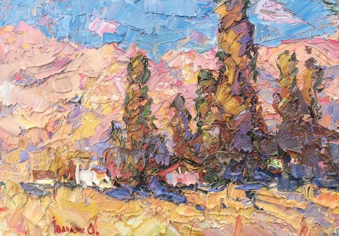 Oil painting Sunny valley Kalenyuk Alex: Description: №Kalen 754 *** ABOUT THIS PAINTING *** * TITLE: "Sunny valley" * ARTISTS: Kalenyuk Alex * SIZE: 24x34 cm/'9.44x13.38 inches' * MEDIUM: oil, canvas * HAND PAINTED: Original painting 