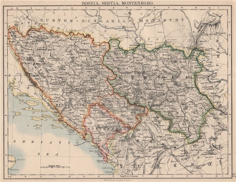 BOSNIA SERVIA MONTENEGRO. Balkans Serbia Croatia Herzegovina.JOHNSTON 1895 map: TITLE/CONTENT OF MAP: 'Bosnia, Servia, Montenegro' DATE PRINTED: 1895 IMAGE SIZE: Approx 20.0 x 26.5cm, 8 x 10.25 inches (Medium) TYPE: Antique colour map CONDITION: Good; suitable for framing. Howeve