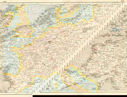 EUROPE. INDUSTRIES. Coal & Iron deposits. British consuls. Railways 1920 map: TITLE/CONTENT OF MAP: 'Central & Western Europe (Industrial)' DATE PRINTED: 1920 IMAGE SIZE: Approx 34.0 x 45.0cm, 13.25 x 17.5 inches (Large) TYPE: Vintage colour map CONDITION: Good; suitable for fr