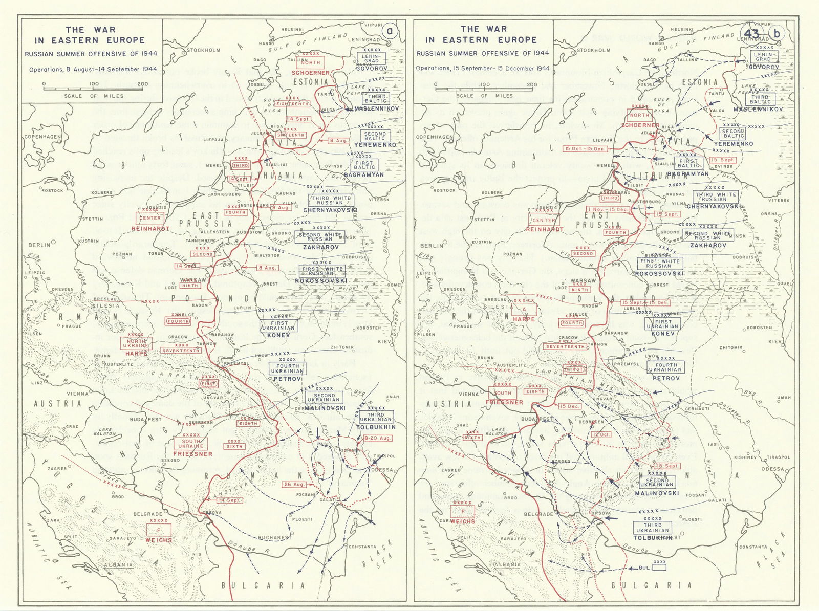 World War 2. Eastern Front. August-Dec 1944 Russian Summer Offensive 1959 map: TITLE/CONTENT OF MAP: 'The War in Eastern Europe - Russian Summer Offensive of 1944 Operations, 8 August-14 September 1944 // The War in Eastern Europe - Russian Summer Offensive of 1944 Operations, 1