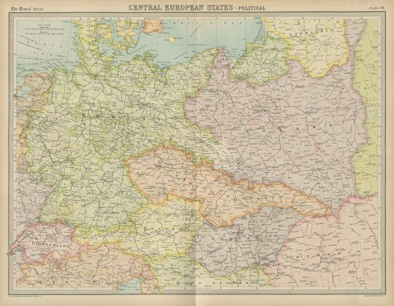 Central Europe. Germany Poland Czechoslovakia Carpathian Ruthenia TIMES 1922 map (1 of 2)