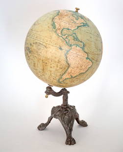Unusual 1880 LEBEGUE 14" FRENCH TERRESTRIAL GLOBE ANTIQUE: Lebegue terrestrial globe with cast iron base featuring African , Indian and asian stereotypical face on the arm , usualy it just feature a face in the manner of Violet Leduc . This 12 inches French g